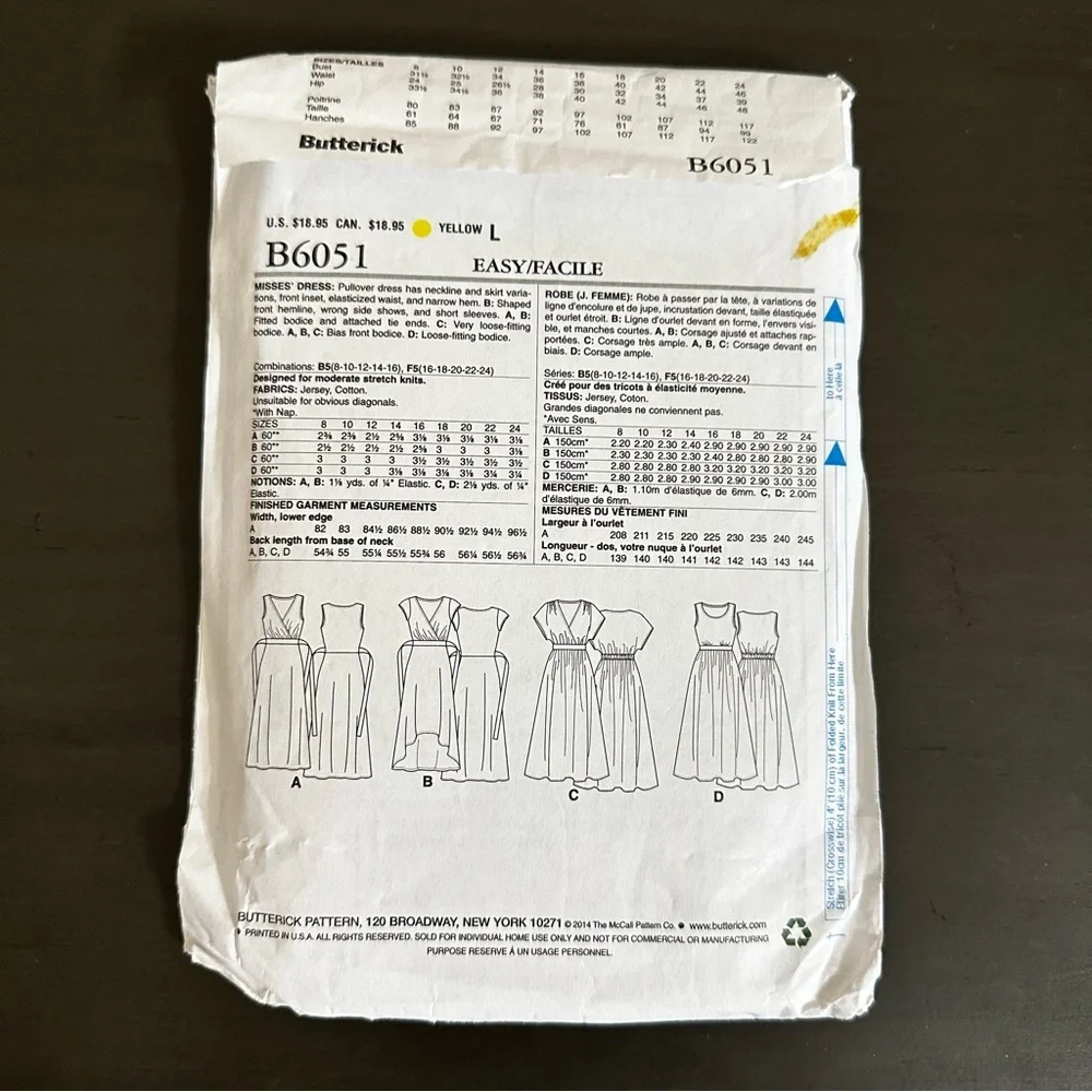 Butterick Sewing Pattern Maxi Short Sleeve High Low Dress Four Styles Size Talle